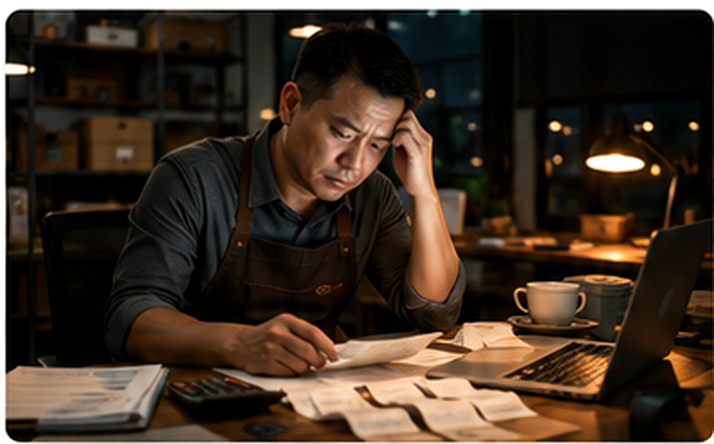 Small business owner reviewing financial records late at night